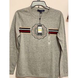 Tommy Hilfiger Cotton Graphic Rhinestone-Studded Sweater Color: Gray